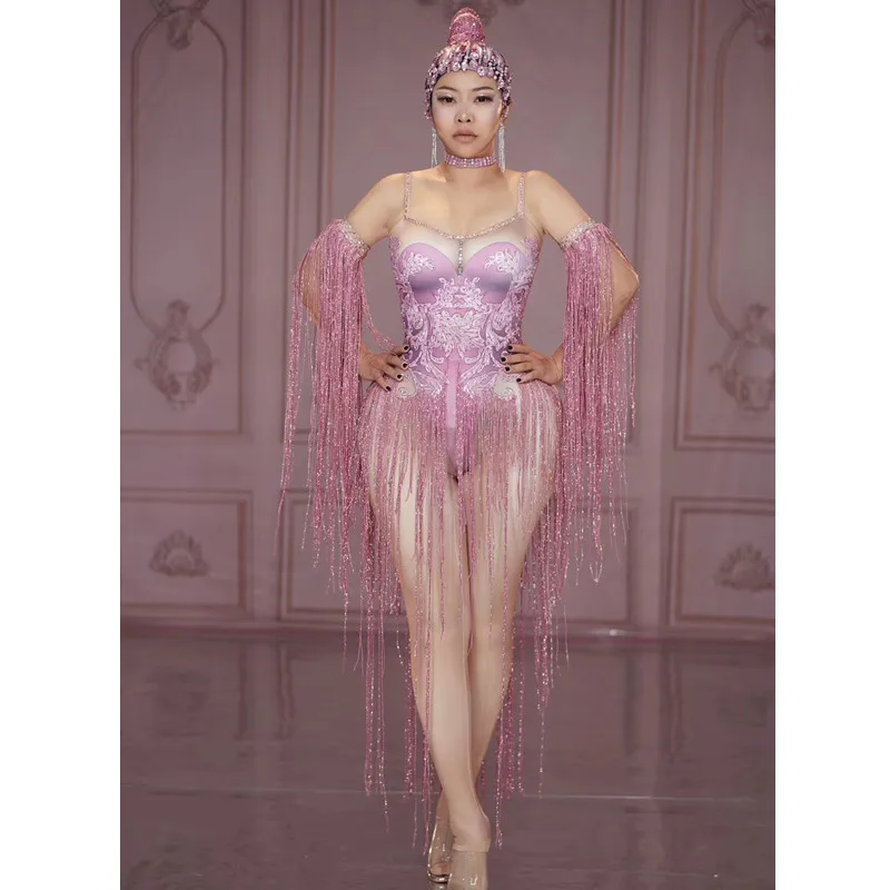 

Sexy Pink Tassel Rhinestone Stage Jumpsuit Women Nightclub Crystals Stretch Skinny Bodysuit Pole Dance Leotard Performance Wear