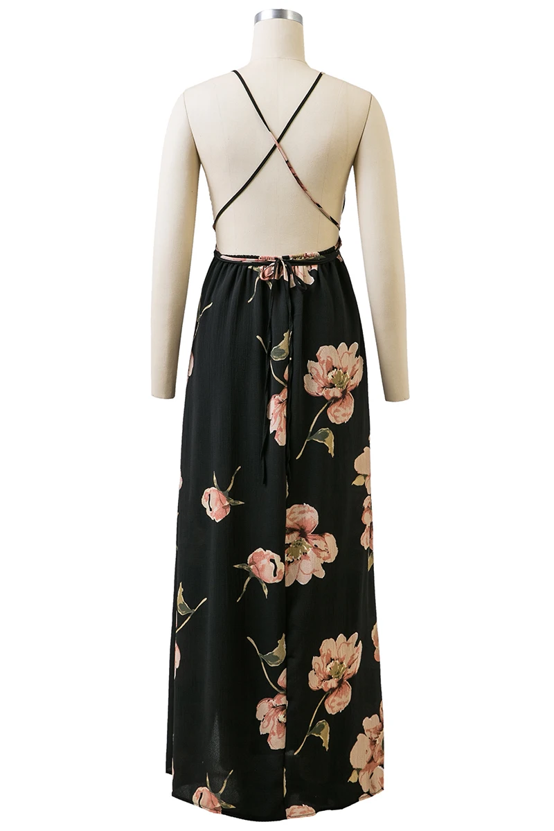 BONGOR LUSS Summer Maxi Dress Women Floral Print Dress V-Neck Sleeveless Spaghetti Strap Backless Side Split Sexy Long Dress (13)