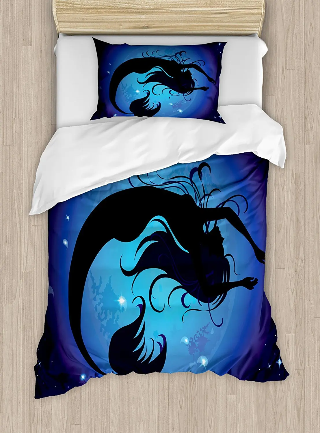 Mermaid Duvet Cover Set Silhouette of Legendary Aquatic Girl on Moon