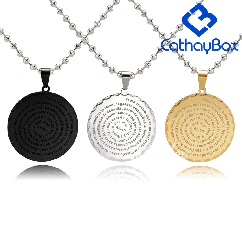 

Men Spanish Lord's Prayer Pendant Necklace Gold Black Silver Tone Round Jewerly 60 CM Chain