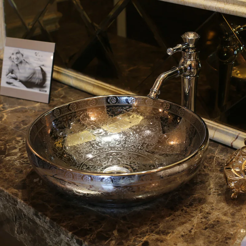Europe Vintage Style Art wash basin Ceramic Silver Lavabo Counter Top Wash Basin Bathroom Sinks round art wash basin (4)