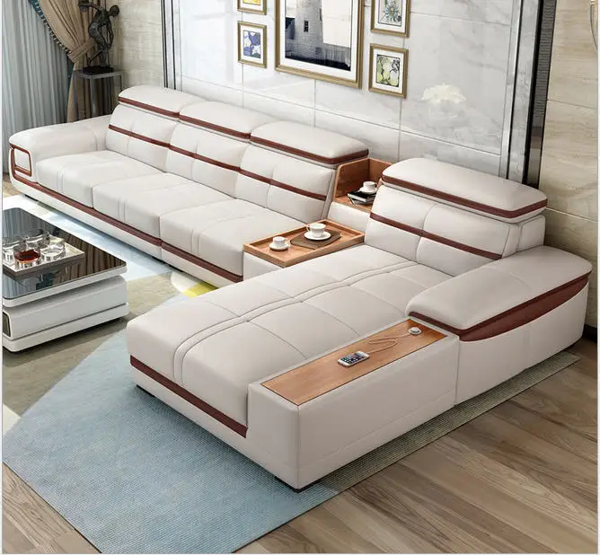 La esquina del sofá de la sala de sofá seccional real genuino sofás de cuero L con almacenamiento de taza de titular muebles de sala moveis para casa La esquina del sofá de la sala de sofá seccional real genuino sofás de cuero L con almacenamiento de taza de titular muebles de sala moveis para casa