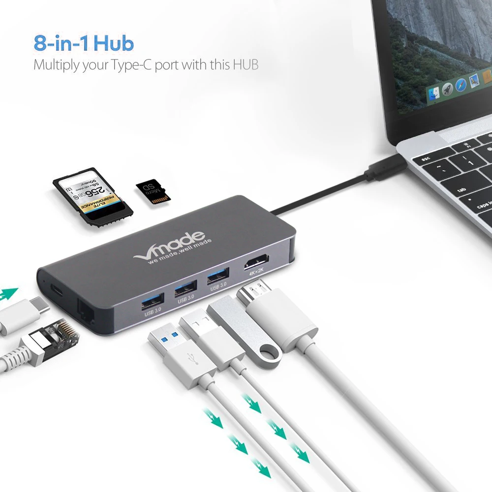 Vmade Лидер продаж 8 в 1 мульти порты USB 3.0 Type C HUB к 4K видео HDMI адаптер для Macbook SD/TF карты
