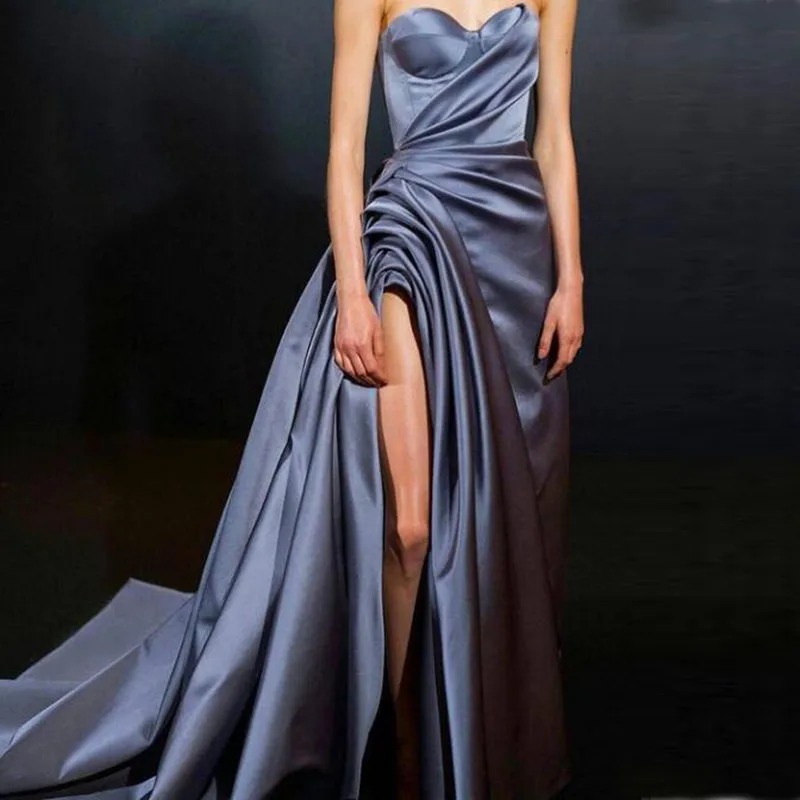 

Simple Side Slit Long Evening Gowns 2019 Sexy Strapless Women Long Satin African Prom Formal Dresses with Peplum Party Gowns