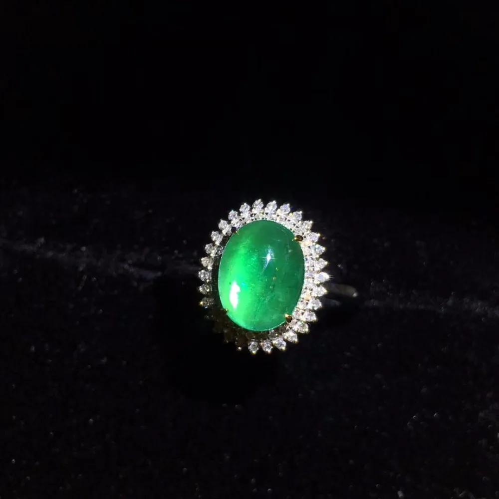 Fine Jewelry CQT 18K Gold 100% Natural Vivid Green Emerald Cabochon Gems 2.21ct 18k Diamonds Female Ring for Women Rings | Украшения и