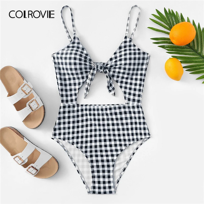 

COLROVIE Black and White Gingham Knot Cut Out Sexy One Piece Swimwear Women Bikinis 2019 Summer Swimsuit Bathing Beachwear
