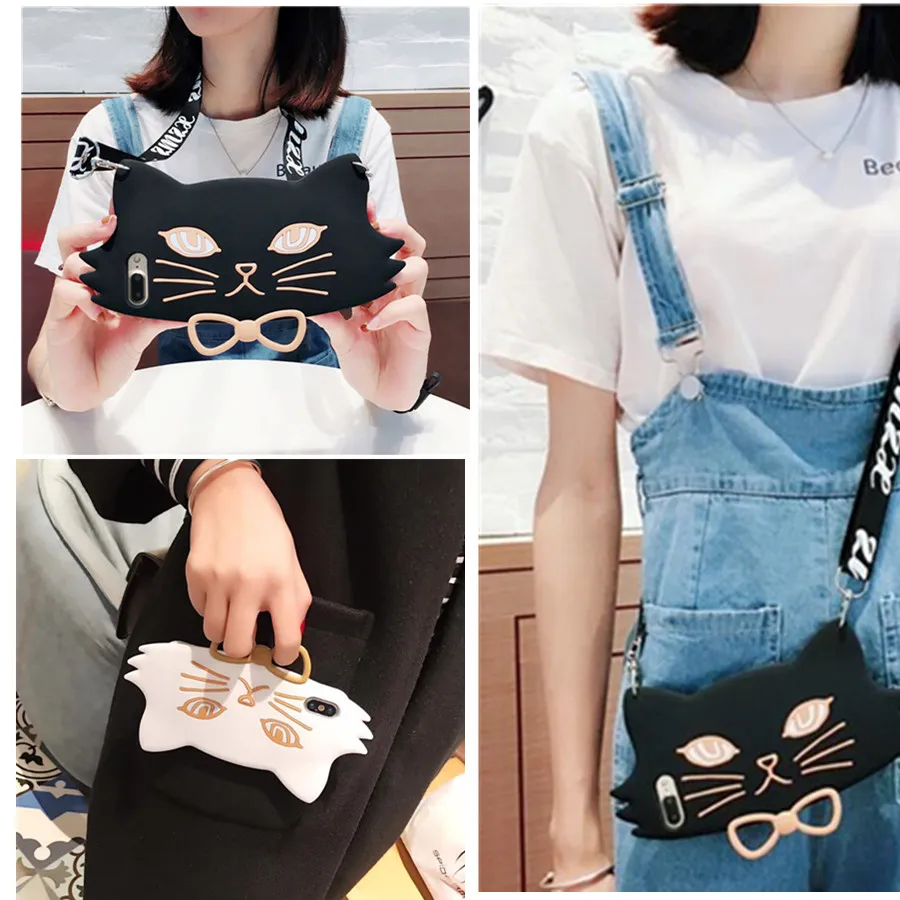 

3d cat shoulder strap silicone case for iphone 8 7 6 6s plus X XR XS MAX case cover cute cartoon soft shockproof phone bag capa