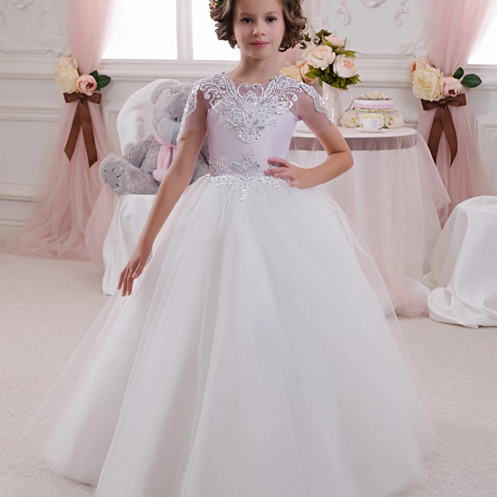 

Hot First Communion Dresses for Girls Formal Lace Ball Gown Short Sleeves Patchwork O-Neck Hot Sale New Princess Pageant Dress