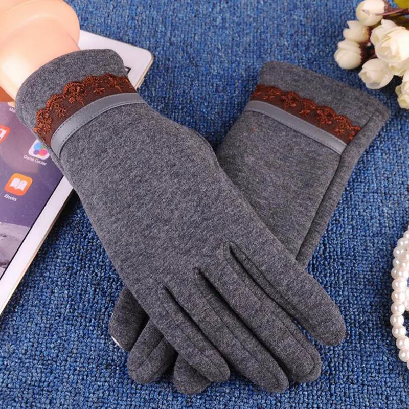 New Female Winter Velvet Cashmere Full Finger Warm Lace Gloves Women Cotton Touch Screen Glove
