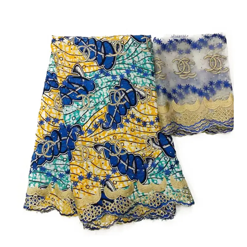 

5+2 Yards African Rayon Fabric with Tulle French Lace Scarf for Party Dress, Rayon Fabrics African with Embroidery Stones Beads
