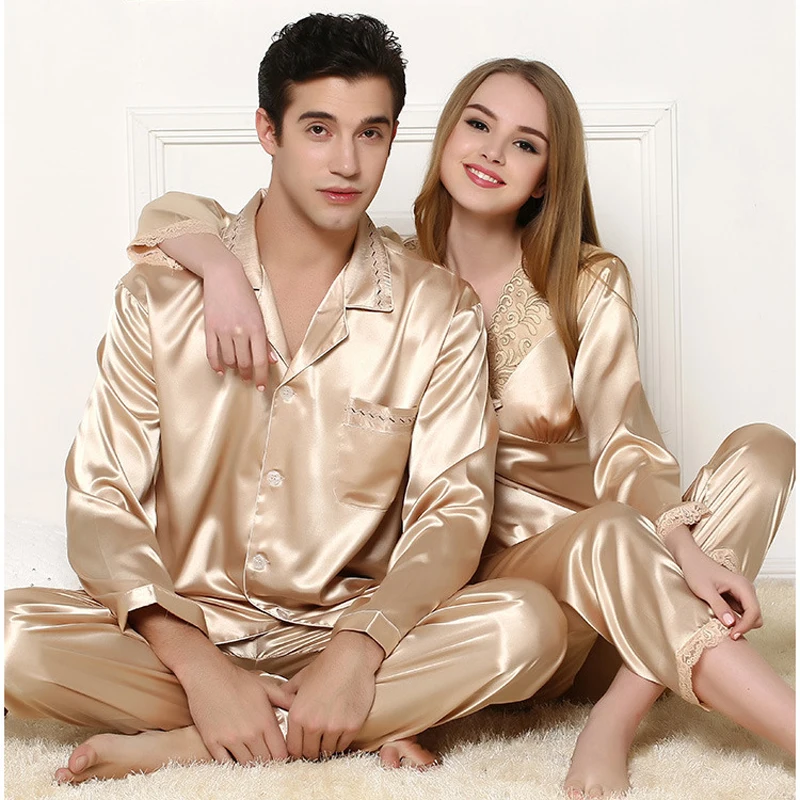 Couple Silk Pajamas Sets Men Womens Satin Pajama Pyjamas Set Lover Sleepwear Loungewear Long