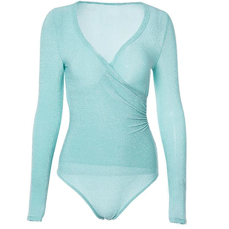 winter reflective sexy bodysuit women overall long sleeve V neck autumn