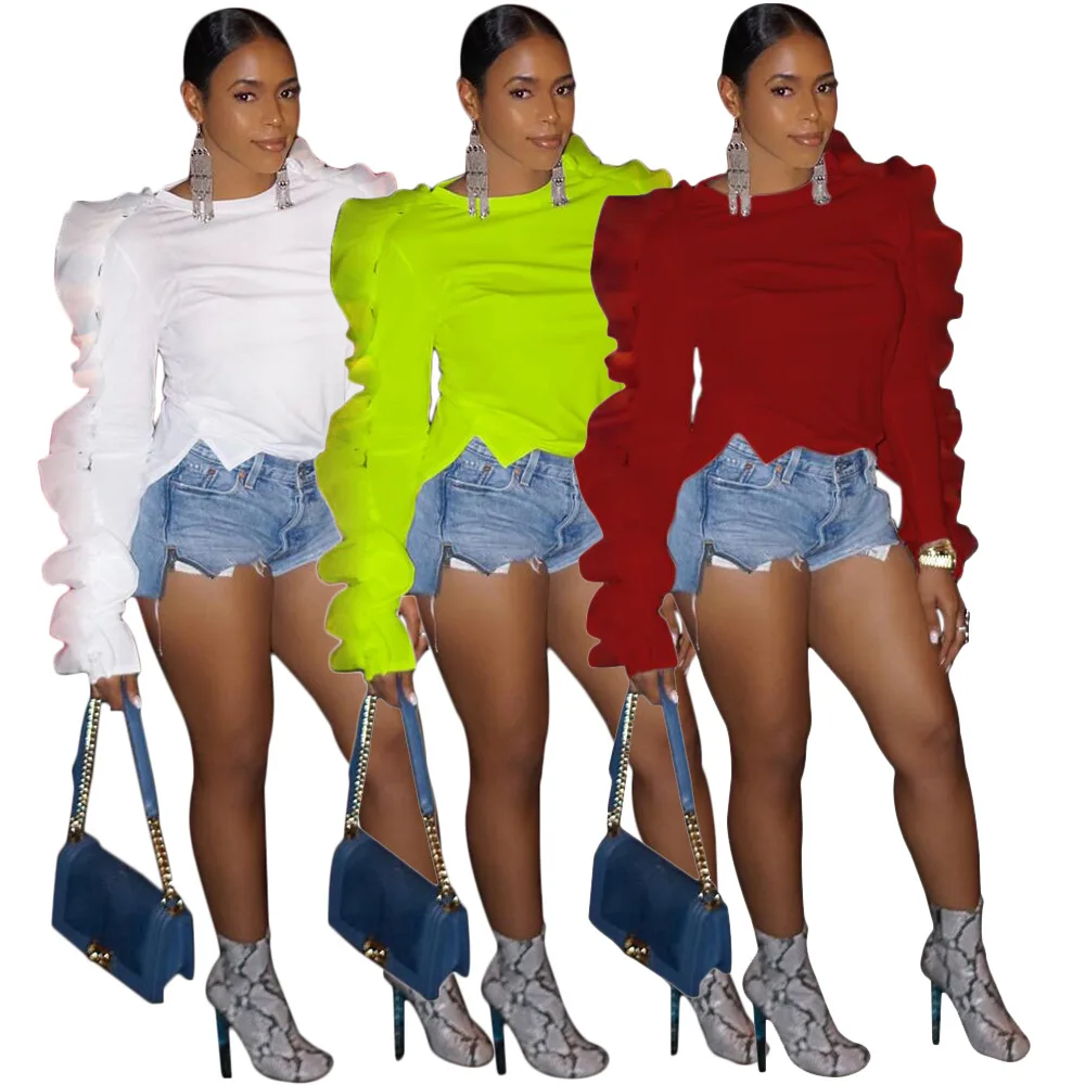 

Women Fashion Tops O-neck Long Sleeve Top Shirts Ruffle Sleeve Shirt