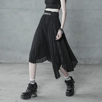

PUNK RAVE 2018 New Girls Chiffon Irregular Gothic Punk Skirt Fashion Summer Black Pleated Skirts