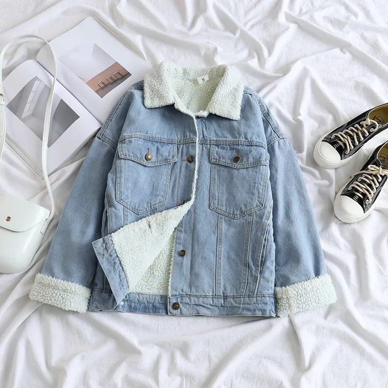 

Spring Fur Jean Denim Jacket Patchwork Women Winter Front Button Flap Pockets Bomber Jacket Coat