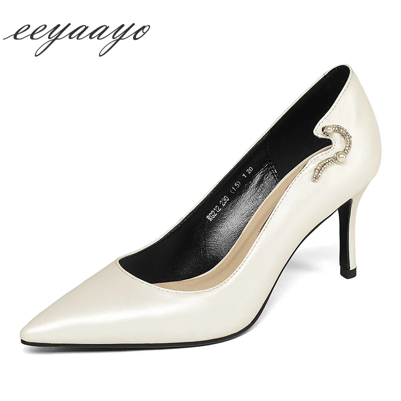 

2019 New Genuine Leather Women Pumps High Thin Heel Pointed Toe Crystal Sexy Ladies Women Cow Leather Shoes Beige High Heels