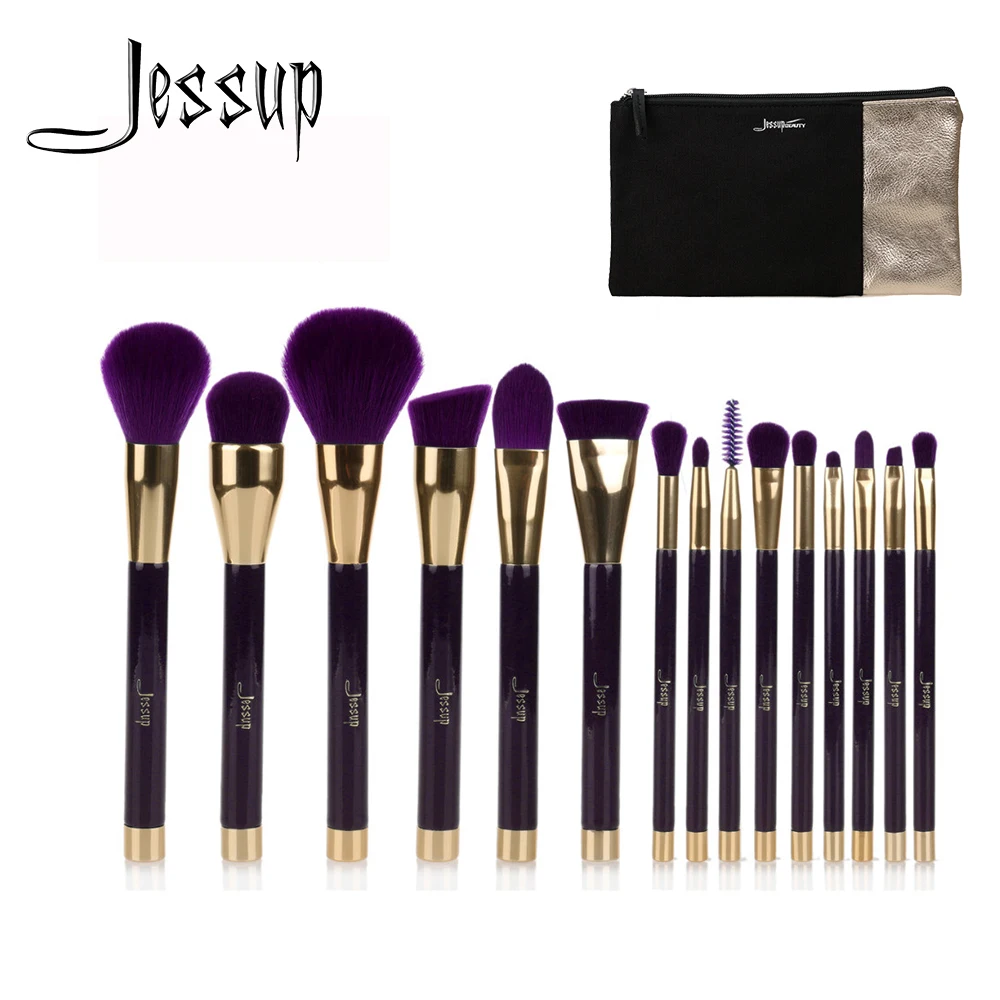 Бренд Jessup, 15 шт., кисти для макияжа, инструменты, набор для красоты, кисти для макияжа, фиолетовые/темно-фиолетовые, T114 и 1 шт., косметические сумки, женская сумка, CB002