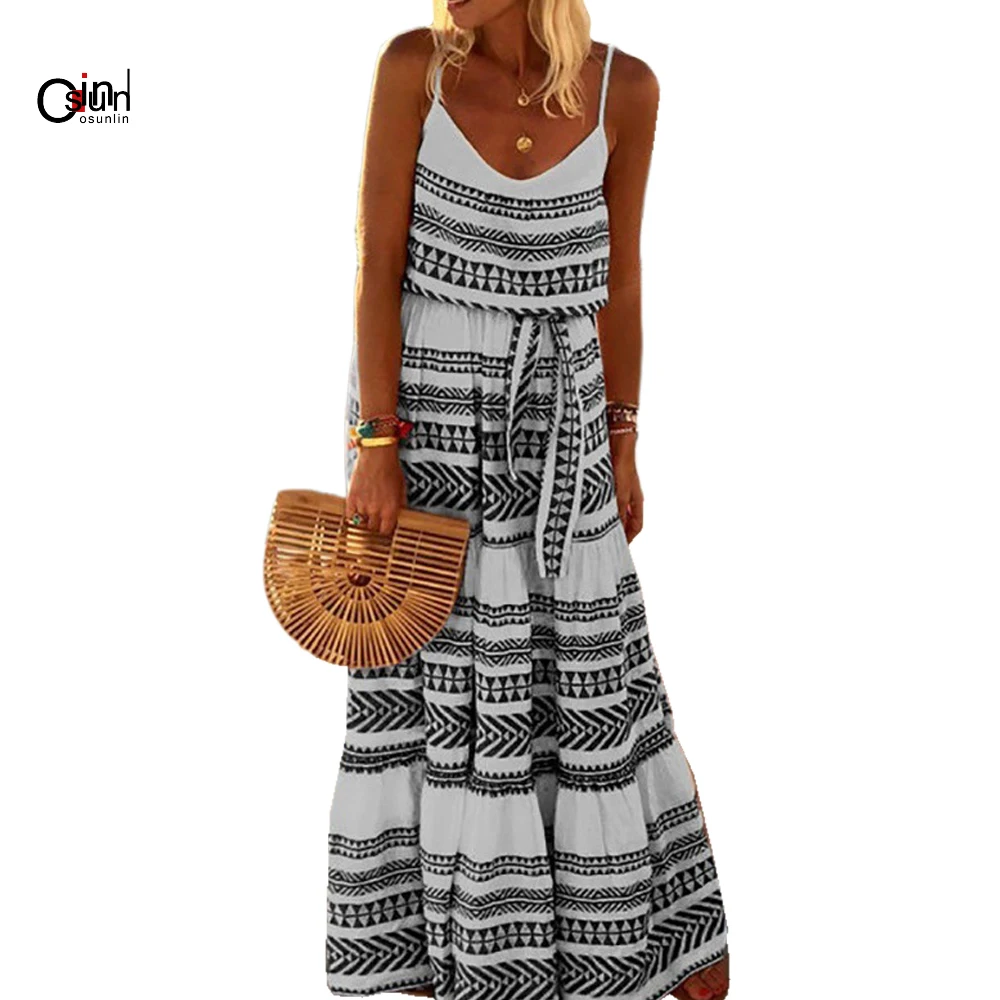 

Osunlin 2019 Summer O-neck Striped Lace-up Beach Dress Bohemian Print Strap Dress