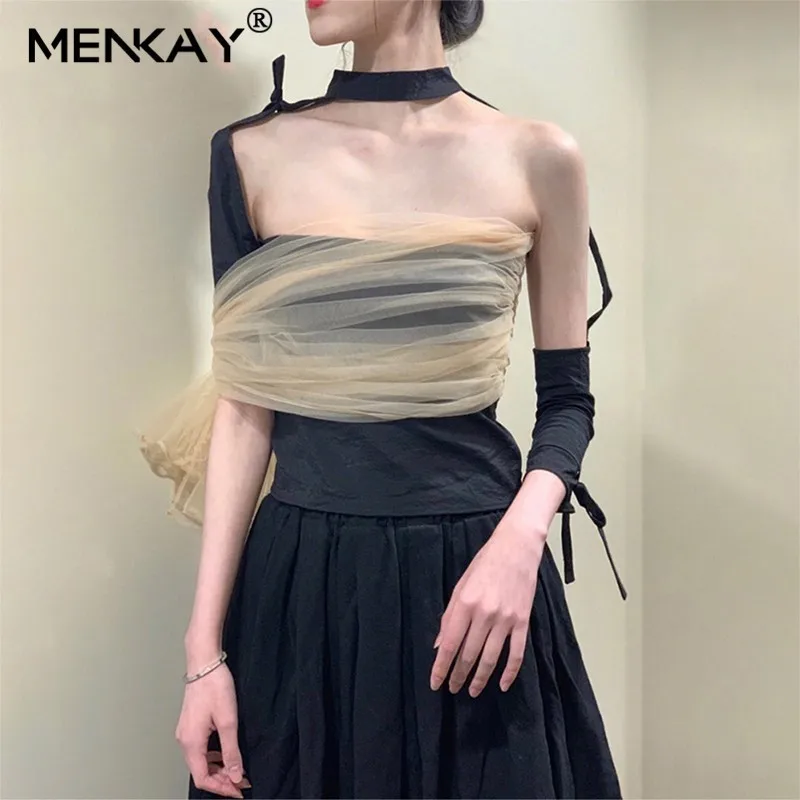 

[MENKAY] Summer Mesh Ladies Sexy Off Shoulder Tops For Women T Shirt Sash Lace Up Slim Tshirt Female Fashion 2019 Clothes New