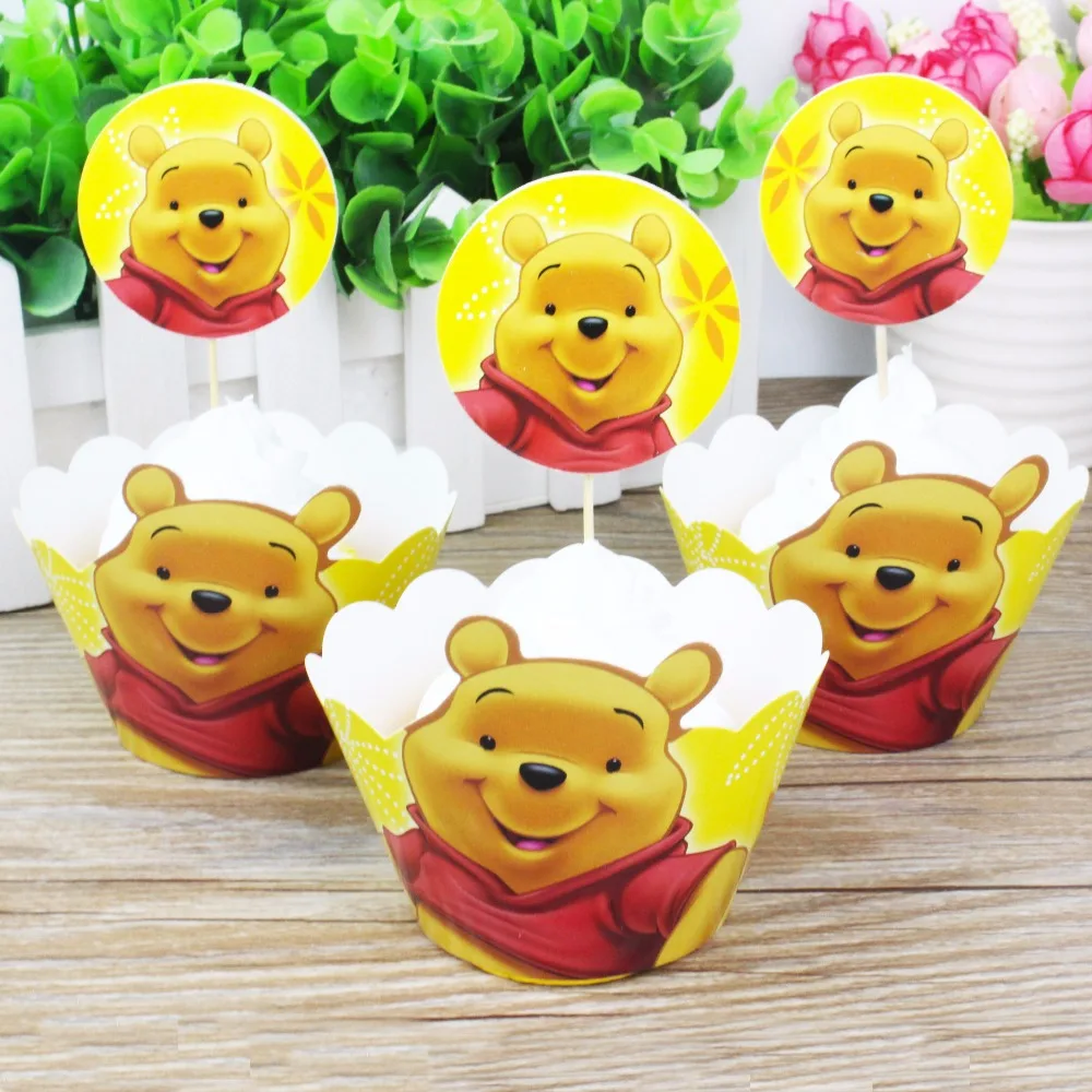 

Cartoon Winnie the Pooh Cake Accessory 12 pcs Toppers +12 pcs Wrappers Cupcake Decoration For Kids Cartoon Birthday Party Supply