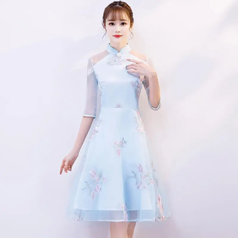 Длинное платье Чонсам в китайском стиле с коротким рукавом женское Сетчатое платье Qipao тонкое вечернее платье Летнее женское платье Vestido s-xxl - Цвет: Light blue