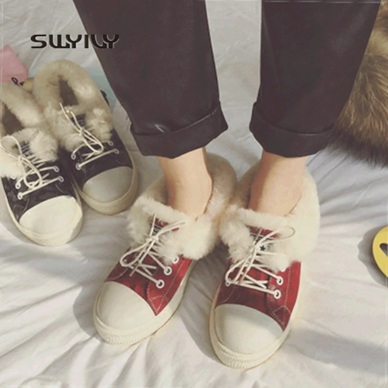 SWYIVY Women Winter Warm Shoes Plus Velvet Skateboarding Shoes Women 2018 Lace-up Flat Heel Genuine Leather Sport Shoes Women