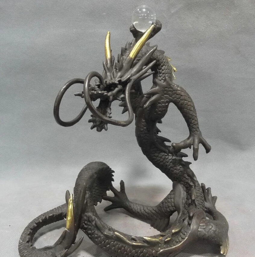 

S5195 10" Chinese Pure Bronze Decoration Animal Statue Year Zodiac Fly Dragon Ball D0318