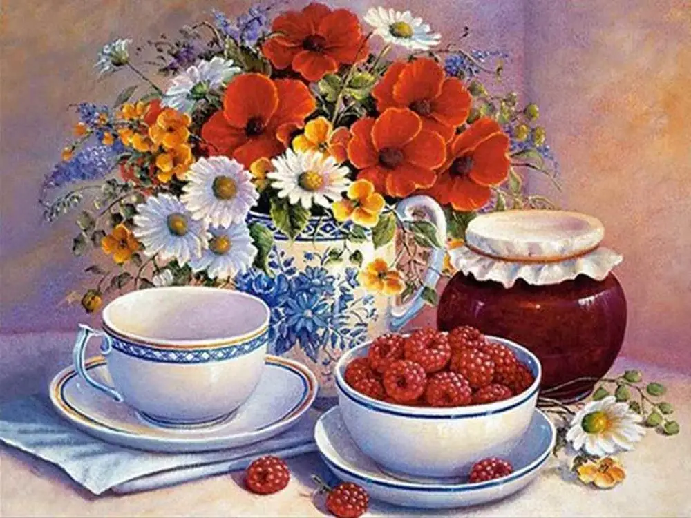

Square Diamond Embroidery Dining Table Still Life Fruit And Vase DIY 5d Decoration Pictures Picture By Numbers Mosaic Pictures