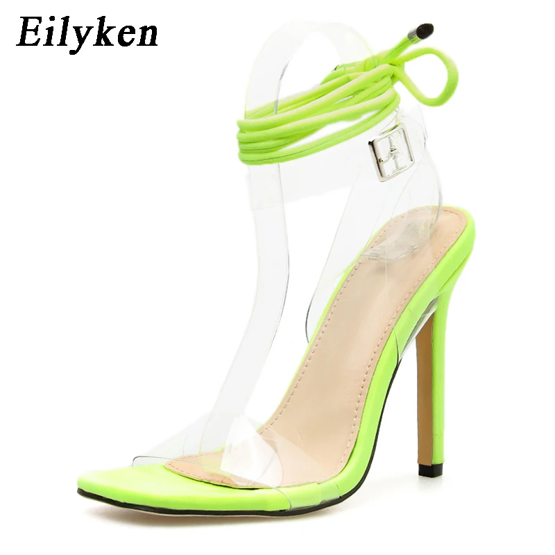Eilyken/Модные женские босоножки на шнуровке; летние туфли на высоком каблуке с открытым носком; женские босоножки на тонком каблуке с ремешком и пряжкой; Цвет зеленый, черный
