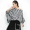 [EAM] 2022 New Spring Summer  Slash Neck Three-quarter Sleeve Plaid Split Joint Loose Big Size Shirt Women Bouse Fashion  JF938 ► Photo 3/6