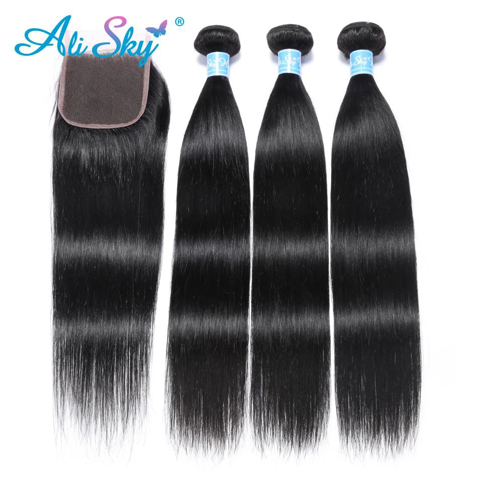 Indian Straight Hair 3 Bundles With Closure Human Hair Bundles With Closure Ali Sky 4\ Indian Straight Hair 3 Bundles With Closure Human Hair Bundles With Closure Ali Sky 4\