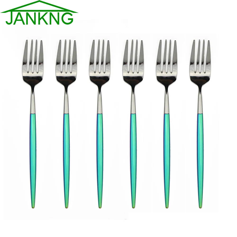 JANKNG 6 Pcs/Lot 304 Stainless Steel Dessert Fork Korean Long Handled