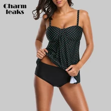 Charmleaks Women Tankini Set Two Piece Swimwear Vintage Polka Dot Swimwear Swimsuit Adjustable Stripe Bikini Bathing Suit polka dot asymmetrical tankini set