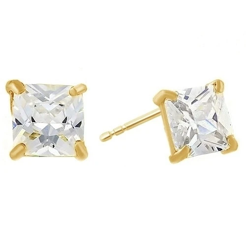 5MM Princess Clear CZ 14K Solid Yellow Gold Stud Earrings Basket Screw Back