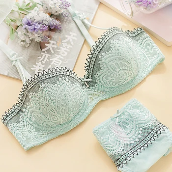 

Ladies Ultrathin Transparent Lace Bra & Brief Set Brand Sexy Female Lingerie Suit 1/2 Cup Green Black Push Up Underwear Sets