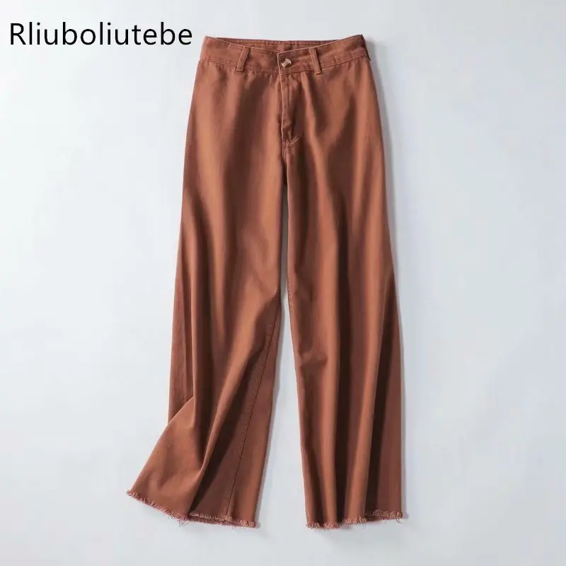 retro tassel women casual jeans pants high waist wide leg