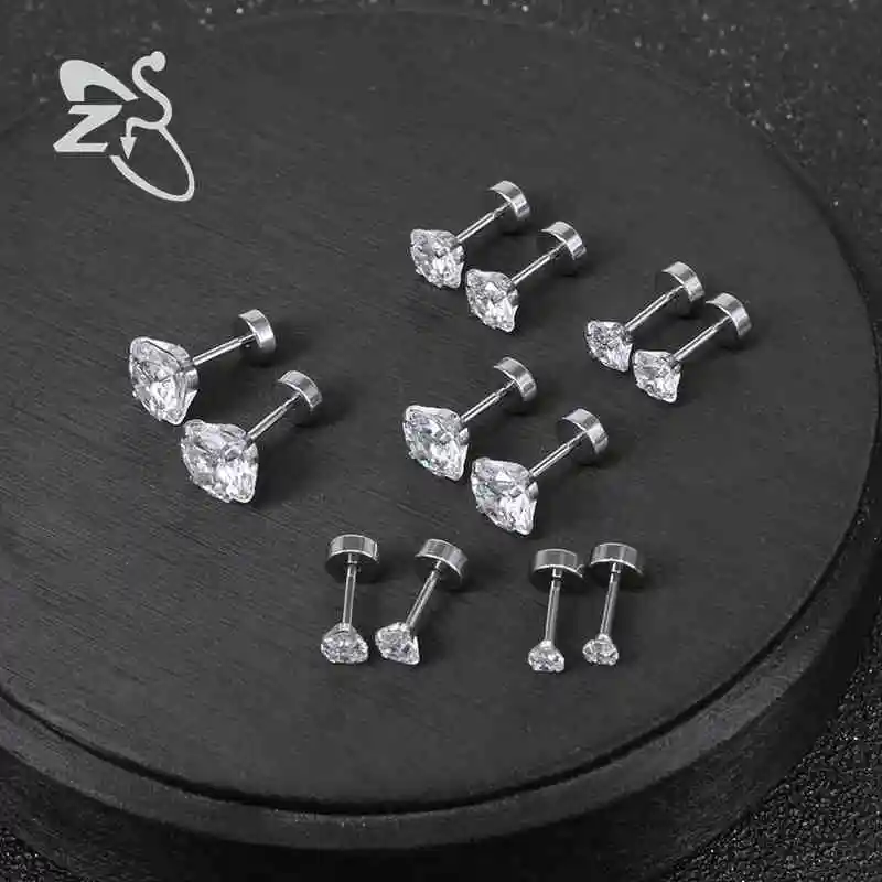 ZS 6pairs/lot Stainless Steel Earrings for Women Stud Earrings Piercing Cartilage Round Crystals Stud Earrings Children Brincos