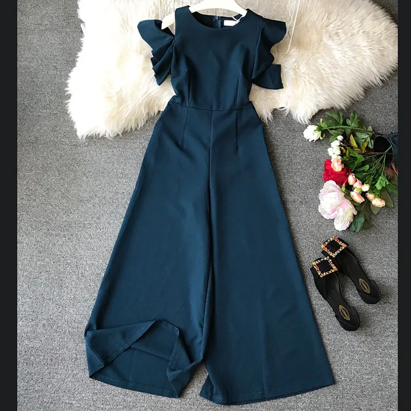 

2019 summer new solid ruffles women jumpsuits and rompers A-line slim off shoulder office lady elegant wide leg jumpsuits