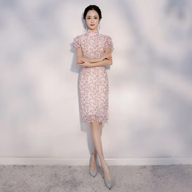 

Cheongsam Vintage Chinese Short Style Mini Qipao New Arrival Womens Summer Chiffon Slim Dress Vestido Size S M L XL XXL 1991
