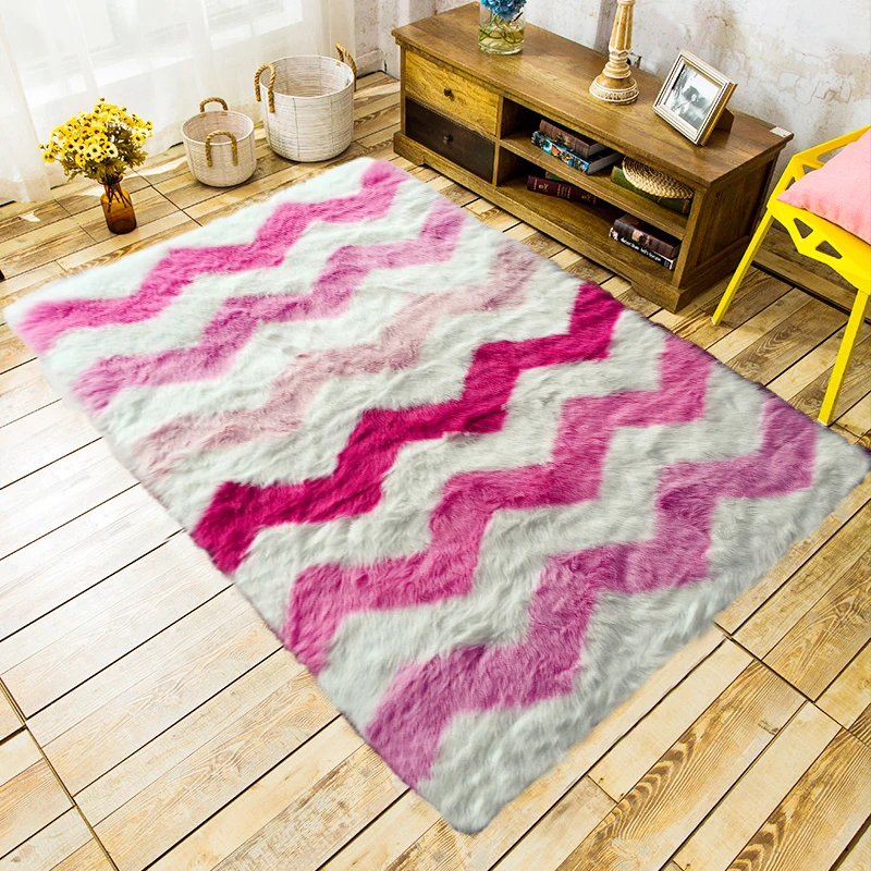 Super Soft Faux Fur Sheepskin Rug Chair Cover Seat Pad Pink/Blue/Yellow Striped Warm Shag/Shaggy