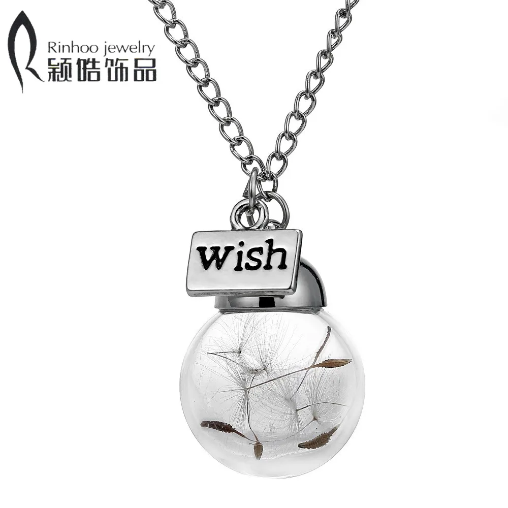 

Glass bottle necklace Natural dandelion seed in glass long necklace Make A Wish Glass Bead Orb silver plated Necklace jewelry