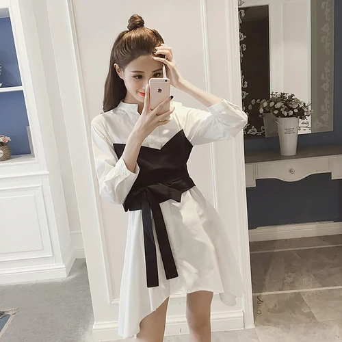 

2018 autumn new Korean version of the loose V-neck color shirt dress female long-sleeved fake two A-line dress