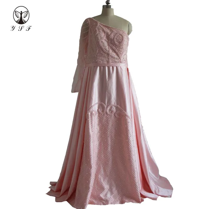 

Vintage Pink One Shoulder Beaded Pearls Long Sleeve Floor Length Evening Dresses with Overskirt