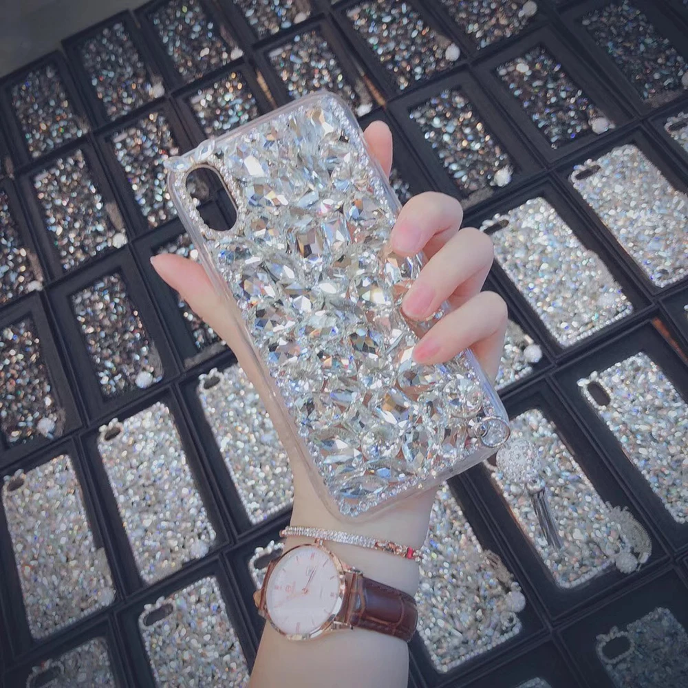 NYFundas For iphone 8Plus 7 6 6S Plus X Case Rhinestone Shockproof Big Stones Beads Tassel Bumper Glitter Bling Conque Accessory (2)