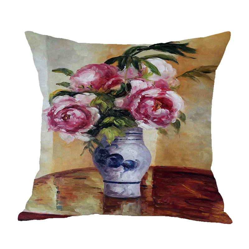 Vintage Style Oil Painting Flowers Cushion Covers European Retro Flowers Art Cushion Cover Beige Linen Pillow Case Free Shipping