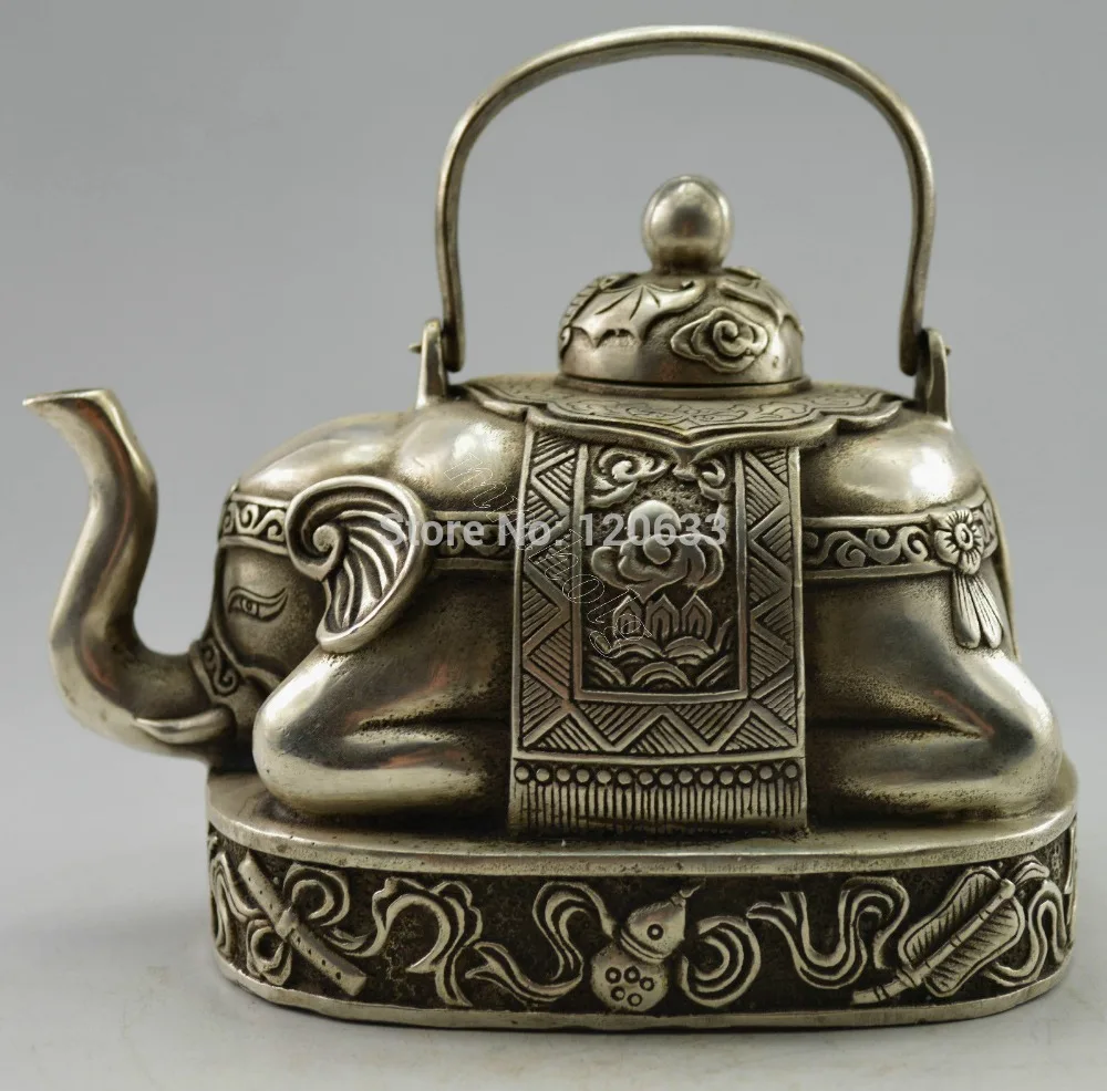 Decorated Handwork Tibet Silver Carved Elephant Tea Pot Decoration