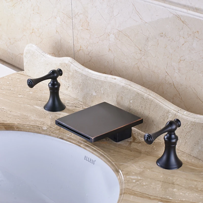 

Oil Rubbed Bronze Countertop Bathroom Basin Faucet Double Handles Mixer Tap Waterfall Spout Tap
