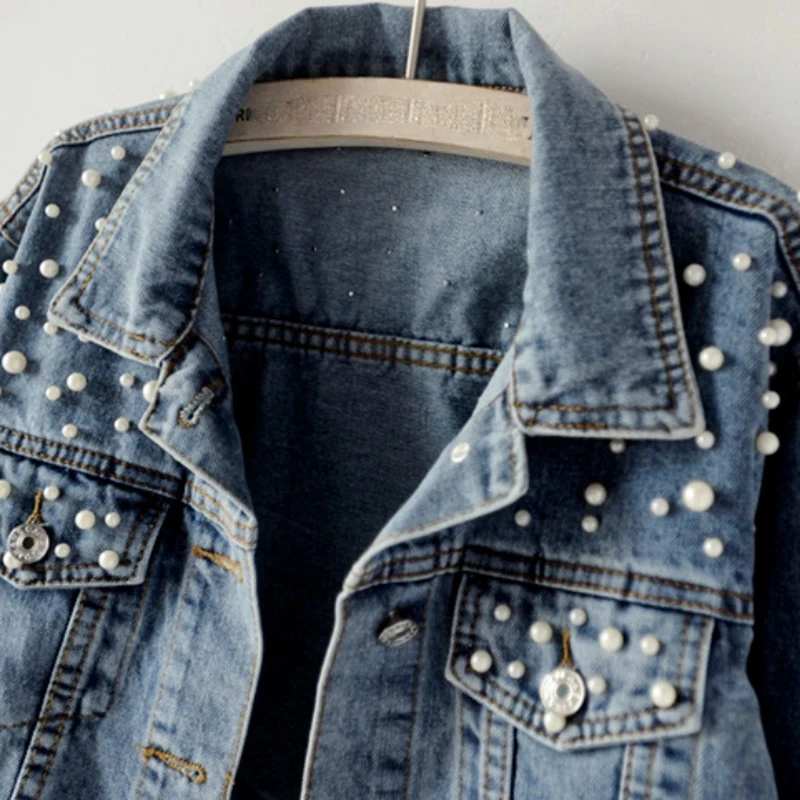 awesome  Shipp within 12hours 2020 Spring Plus Size Pearl Beaded Short Denim Coat Women S-5XL Long Sleeve Ca