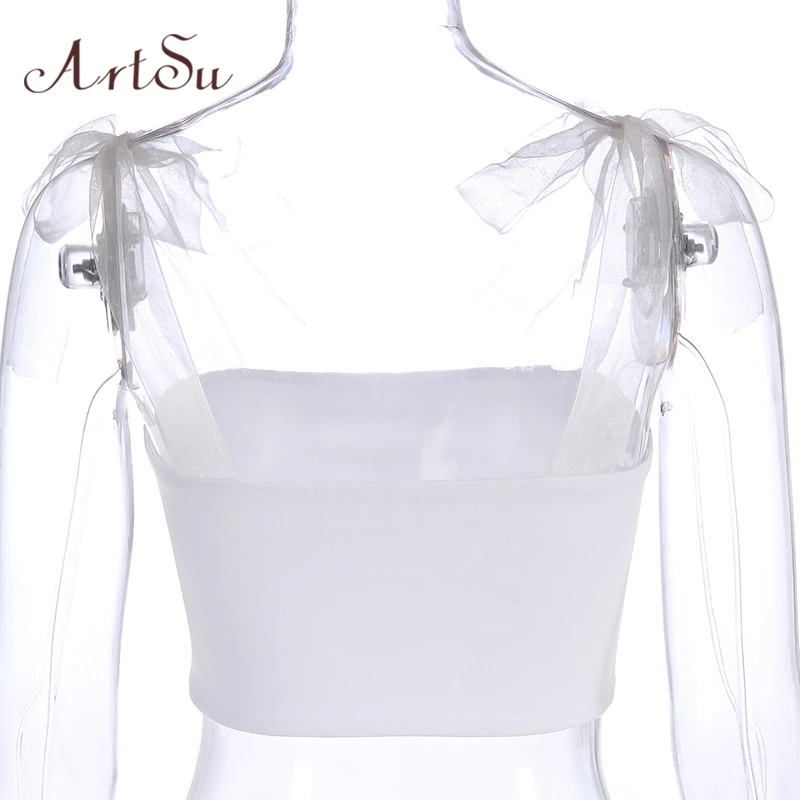 ArtSu Лоскутная сетчатая Прозрачная майка на бретелях для женщин с открытой спиной милые кроп-топы футболки на шнуровке белая укороченная уличная одежда ASVE20630