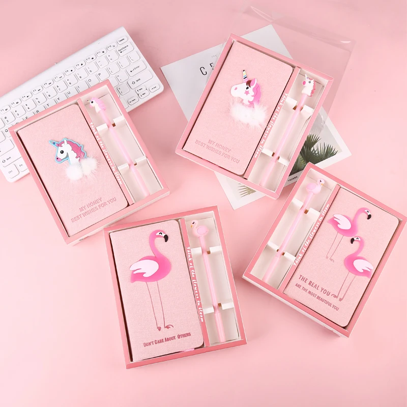 

Cute Kawaii Pink Cartoon Flamingo Unicorn Cactus Blank Pages Notebook Book With Pen Anime Stationery Set Mini Gift Supplies